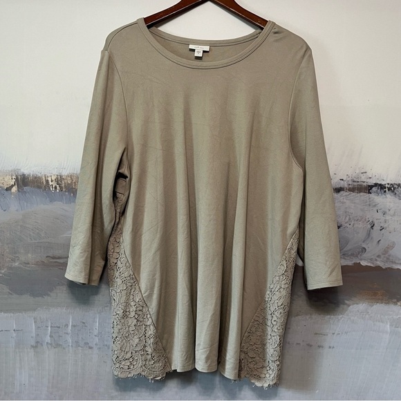 J. Jill Tops - J. JILL Ponte Knit Floral‎ Lace Overlay Tunic Top Womens XL Cottagecore Taupe